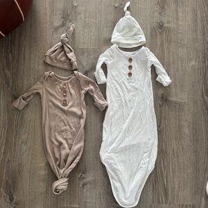 Caden Lane Baby Gown and Hat Set in White and Tan two (2)